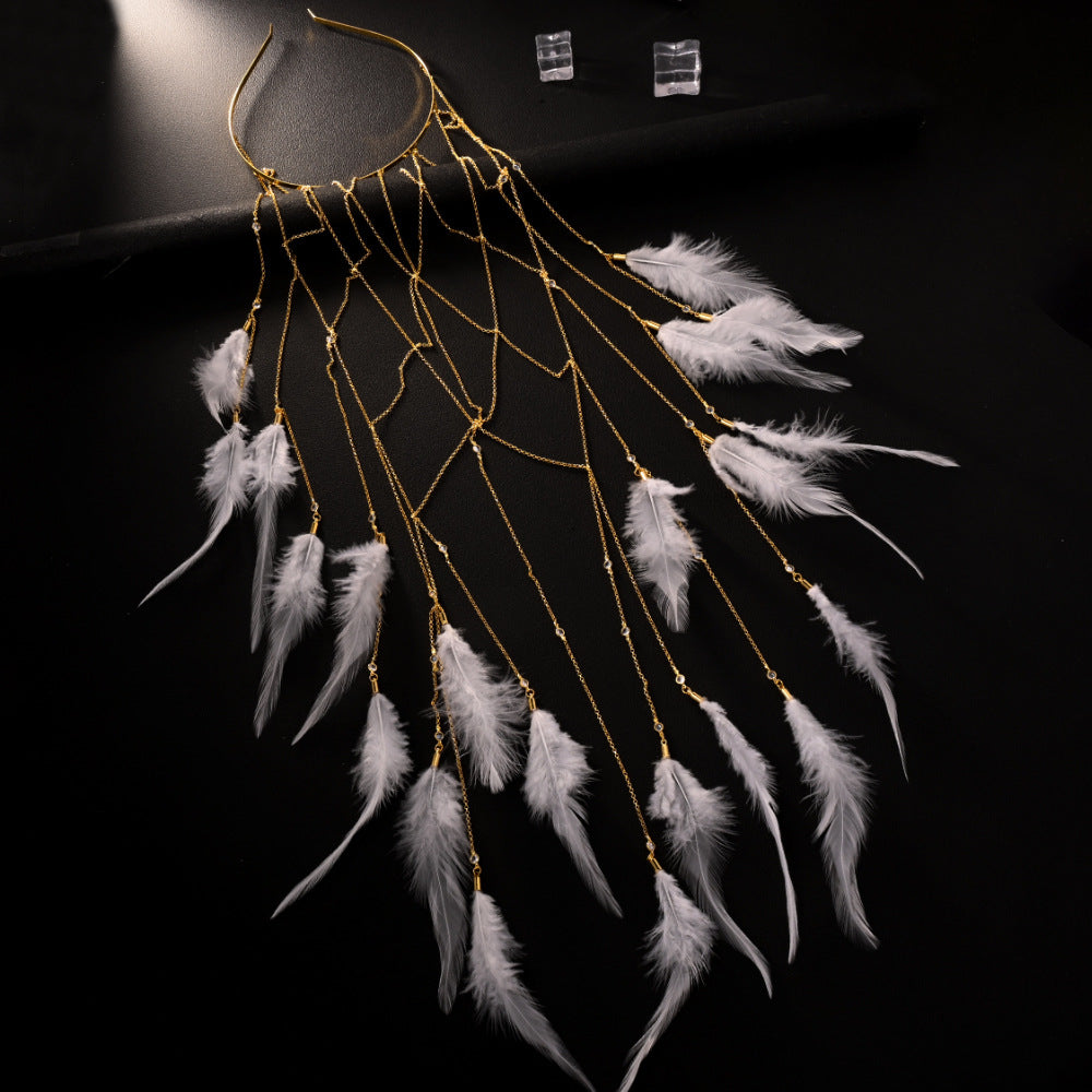 Bohemian Feather Hair Chain – Handmade Bridal Hairpiece for Weddings, Festivals and Special Events with Romantic Statement Styling and Elegant Detail