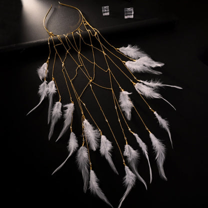 Bohemian Feather Hair Chain – Handmade Bridal Hairpiece for Weddings, Festivals and Special Events with Romantic Statement Styling and Elegant Detail