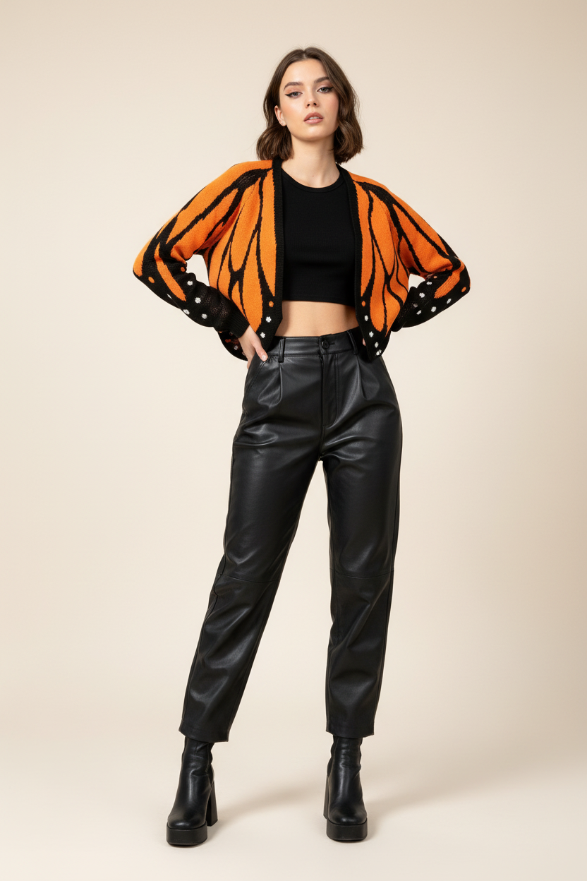 Butterfly Wing Knit Cardigan – Women's Cropped Monarch Print Sweater with Long Sleeves, Open Front Y2K Korean Fashion Styling