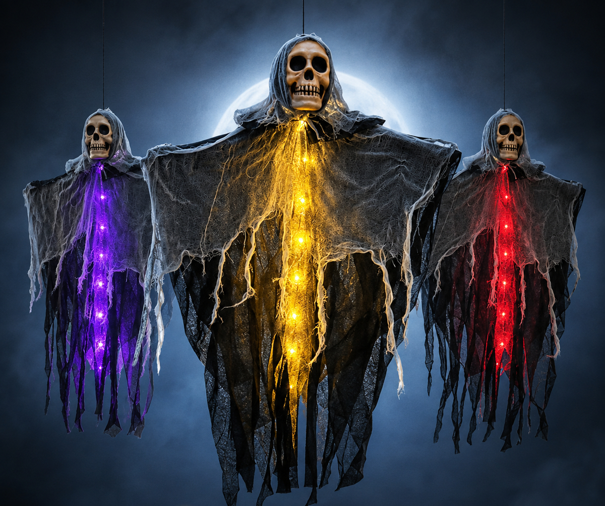Lighted Hanging Ghost Decoration – Halloween Skull Skeleton Gauze Ornament for Gardens, Homes and Outdoor Party Scenes with Spooky Built-In Illumination