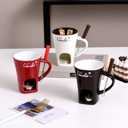 Ceramic Chocolate Fondue Cup – 130ml European Style Heating Mug with Fork for Cheese, Coffee, and Party Desserts
