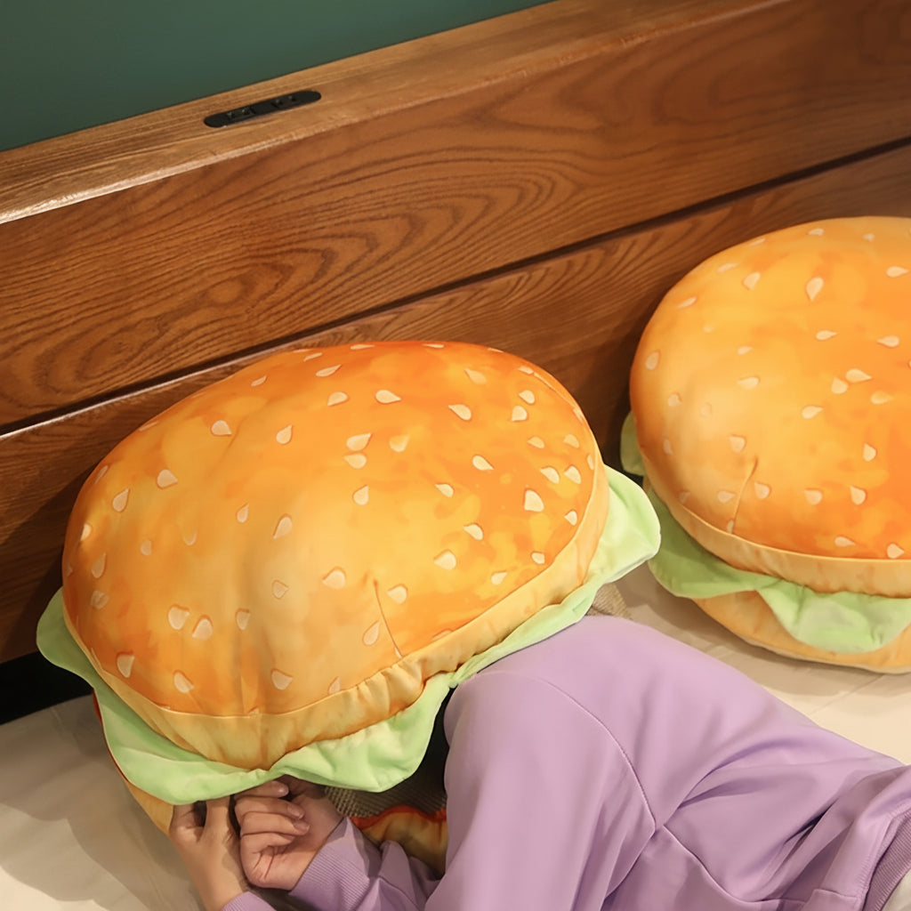 Realistic Burger Pillow – Funny Cheeseburger Plush Cushion and Office Chair Pad for Kids, Prank Gifts, Bedroom Decor and Cozy Novelty Seating
