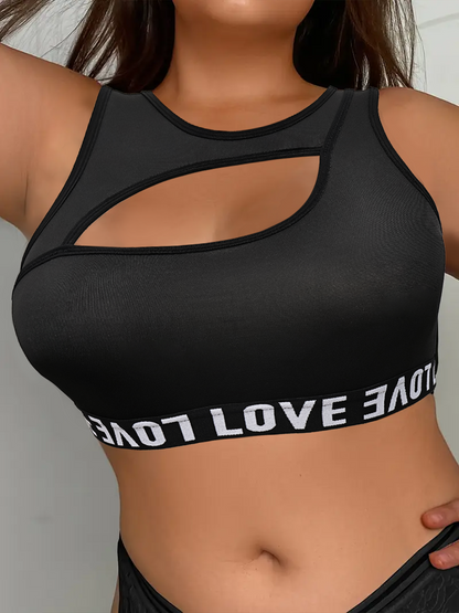 Plus-Size Cutout Sports Bra – Letter Print Wireless Crop Top with Hollow Front and Back Design for Workouts, Gym Training and Athleisure Style