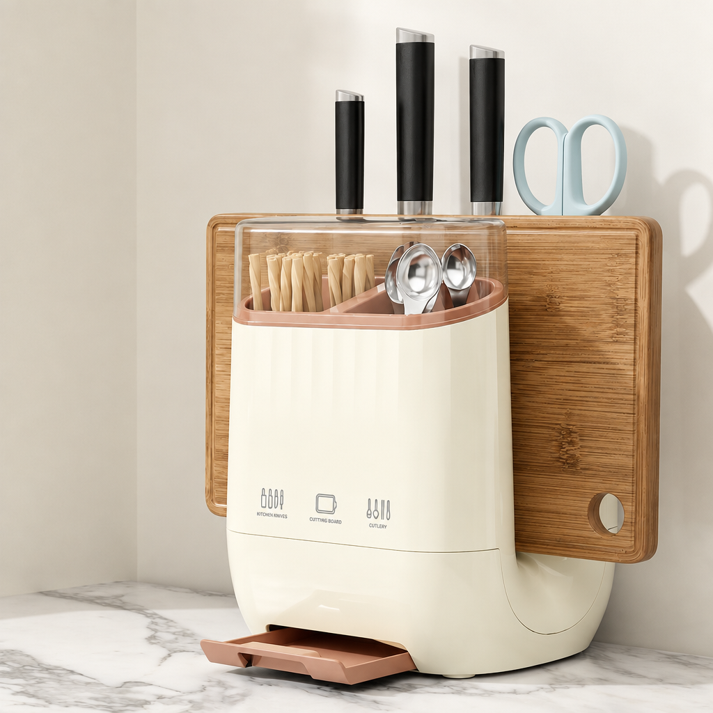 Countertop Knife and Cutting Board Organizer – Drainable Kitchen Storage Rack with Chopstick Holder for Neat, Space-Saving Utensil and Board Organization
