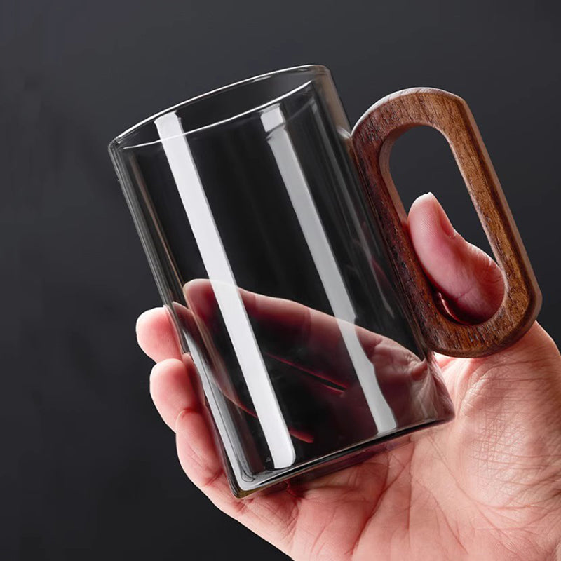 Heat-Resistant Glass Mug Set – Transparent Teacups with Wooden Handles for Coffee, Milk, Juice, Breakfast, Home Entertaining and Elegant Party Drinkware