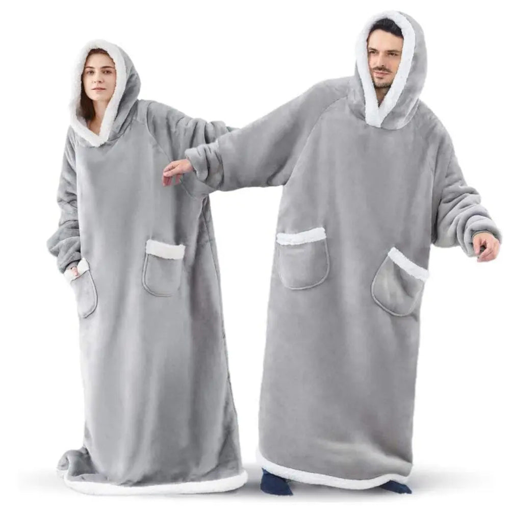 Giant Wearable Blanket Hoodie – 180cm Oversized Flannel Pajamas with Sleeves and Hood for Men and Women, Warm Winter Loungewear