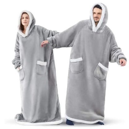 Giant Wearable Blanket Hoodie – 180cm Oversized Flannel Pajamas with Sleeves and Hood for Men and Women, Warm Winter Loungewear