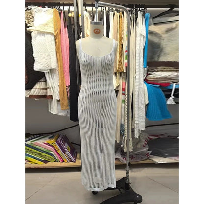 Sexy Backless U-Hollow Maxi Dress – Sleeveless Slim Fit See-Through Beach Evening Wrap Dress, Elegant Vacation Robe for Women