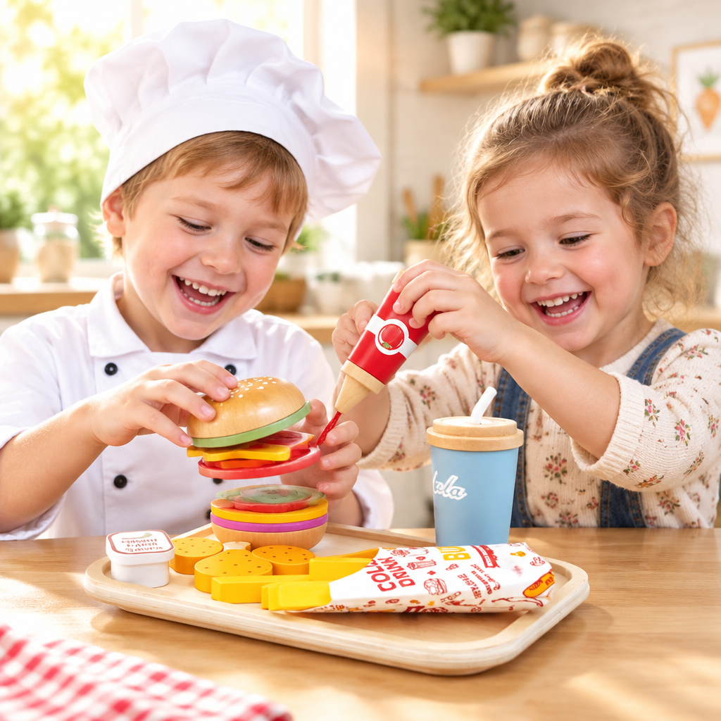 Wooden Pizza Fruit and Vegetable Play Set – Pretend Kitchen Food Toys for Kids, Roleplay Learning and Imaginative Cooking Adventures