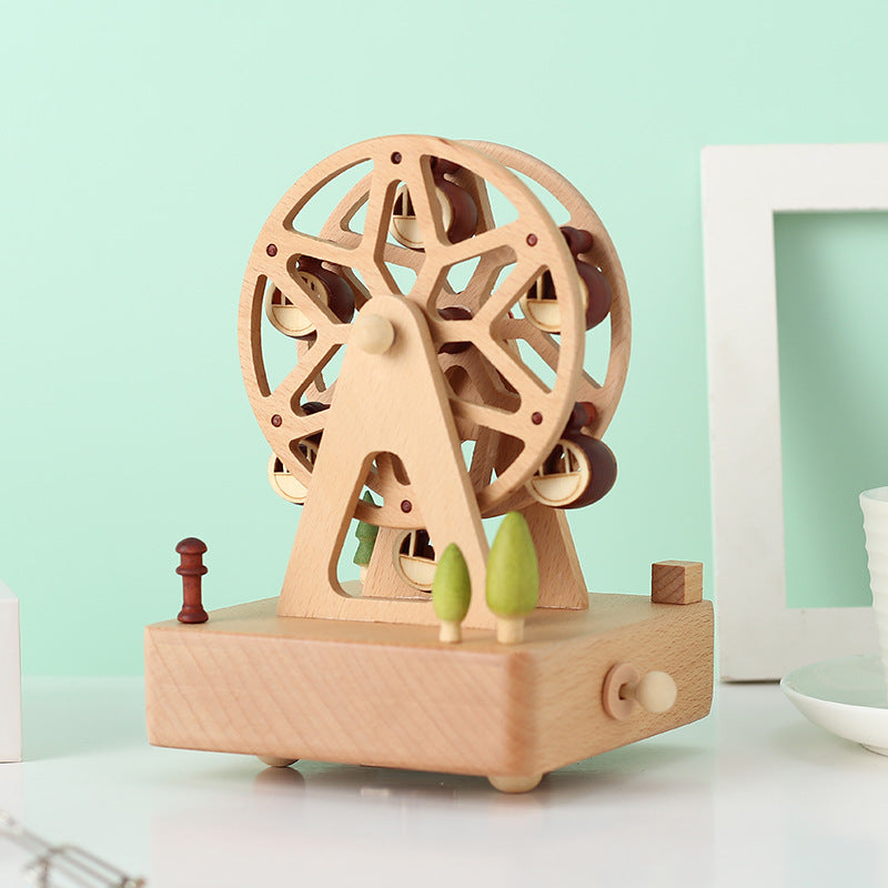 Ferris Wheel Wooden Music Box – Mini Beech Wood Handcrafted Musical Gift for Christmas, Birthdays, Valentine’s Day with Square Base Ornament Design