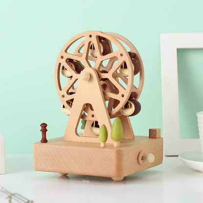 Ferris Wheel Wooden Music Box – Mini Beech Wood Handcrafted Musical Gift for Christmas, Birthdays, Valentine’s Day with Square Base Ornament Design