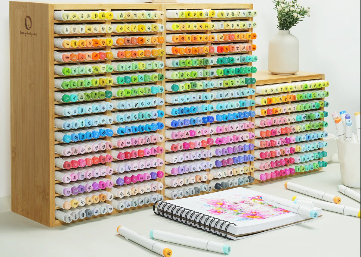 Bamboo Marker Organizer – Wooden Desktop Storage Holder for 126 Markers, Pens, Pencils and Art Brushes, Space-Saving Stationery Organizer