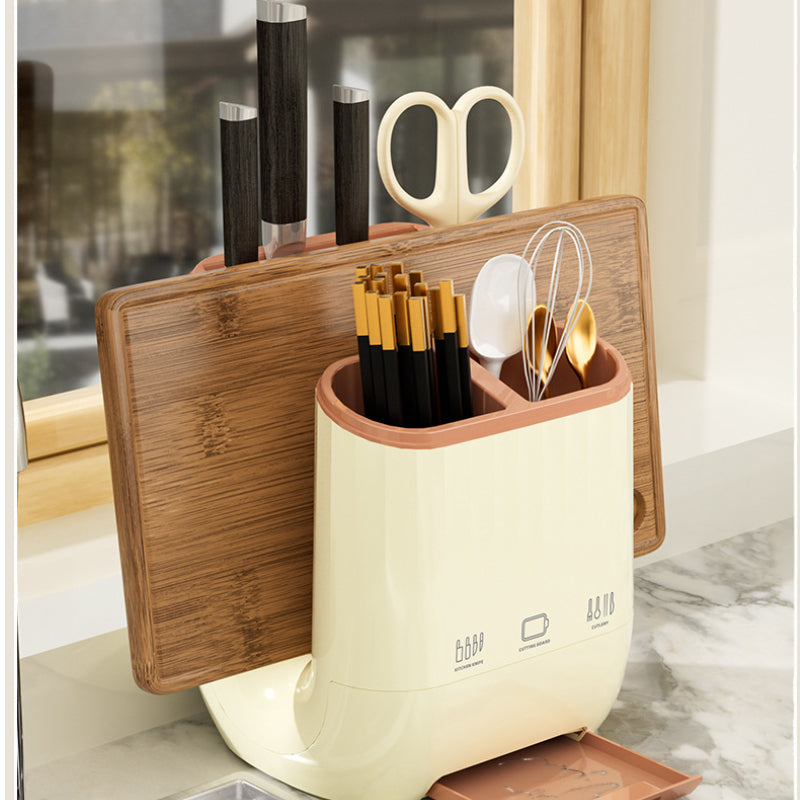 Countertop Knife and Cutting Board Organizer – Drainable Kitchen Storage Rack with Chopstick Holder for Neat, Space-Saving Utensil and Board Organization