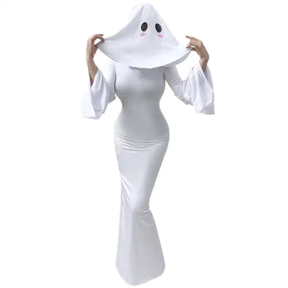 Anime Ghost Bride Costume – Cute White Fitted Dress with Mask for Women, Halloween Carnival Cosplay, Parties and Spooky Character Styling