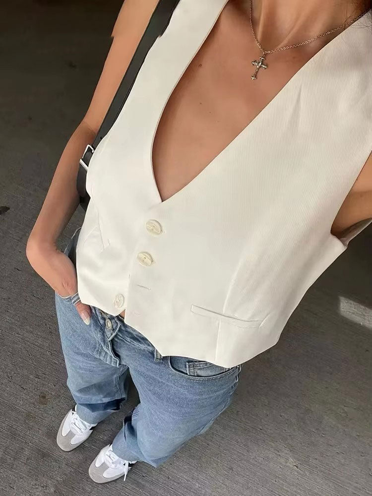 Chic V-Neck Sleeveless Vest – Elegant Women’s Single-Breasted White Waistcoat Top for Stylish Office or Casual Spring Outfits