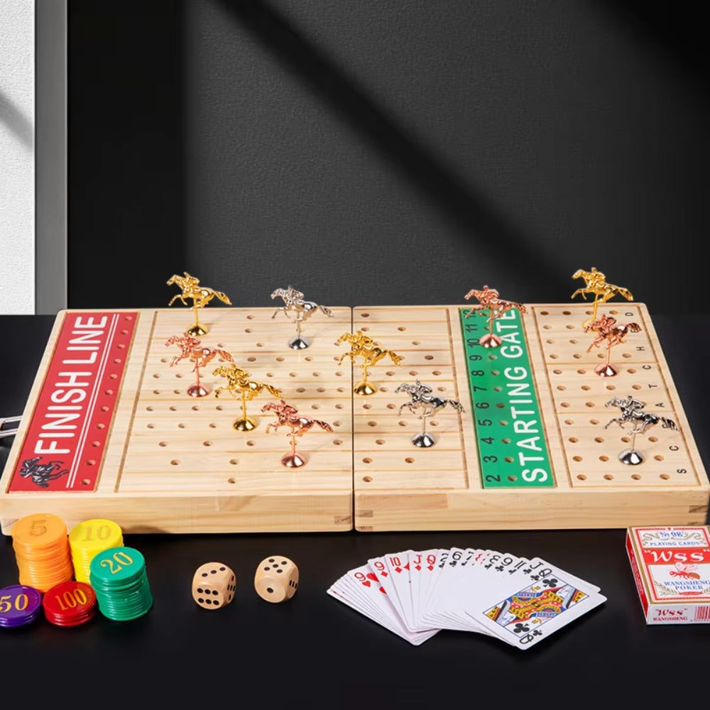 Foldable Solid Wooden Horse Racing Board Game – 21-Inch Wood Table Set with 11 Metal Horses, Poker Chips, Cards & Dice for Family Fun Nights