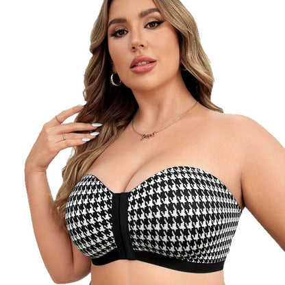 Houndstooth Push-Up Strapless Bra – Front-Closure Wireless Bandeau for Small Busts with Lift, Sweetheart Shape and Stylish Support for Women
