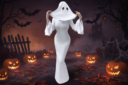 Anime Ghost Bride Costume – Cute White Fitted Dress with Mask for Women, Halloween Carnival Cosplay, Parties and Spooky Character Styling