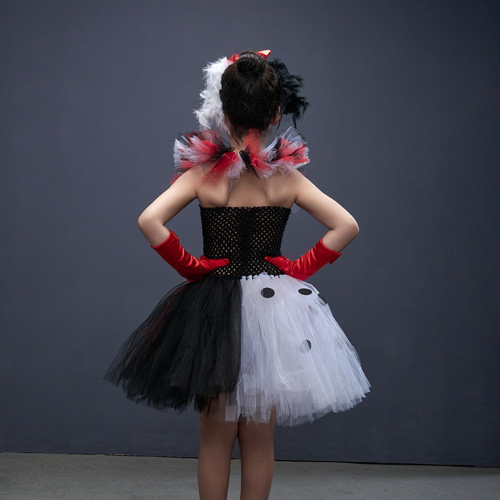 Cruella-Inspired Girls Tutu Dress – Black and White Villain Halloween Costume with Dalmatian Style for Kids, Fancy Dress and Cosplay Parties