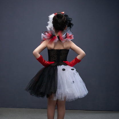 Cruella-Inspired Girls Tutu Dress – Black and White Villain Halloween Costume with Dalmatian Style for Kids, Fancy Dress and Cosplay Parties
