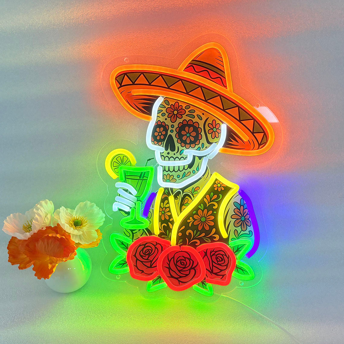Mexican Skeleton Cocktail Neon Sign – Tequila Lounge and Bar Wall Decor for Martini Lovers, Parties and Bold Southwestern Nightlife Ambience