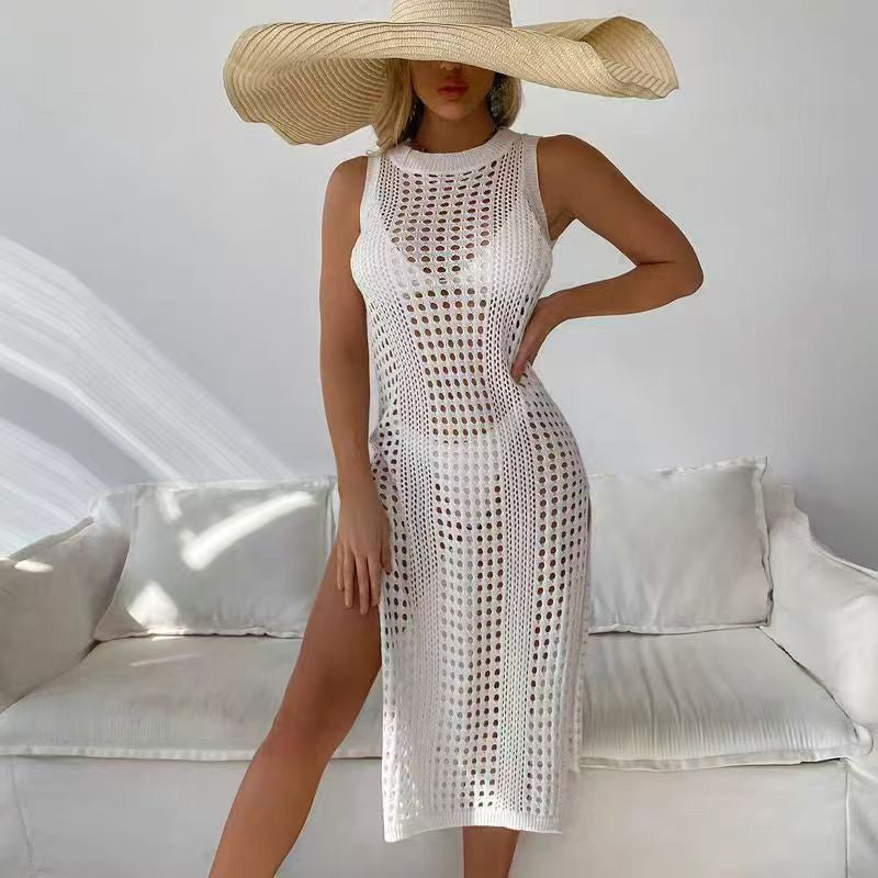 Crochet Beach Cover-Up Skirt Set – Sexy Knit Sarong Wrap Skirts with Slit Cutout in White and Black Duo
