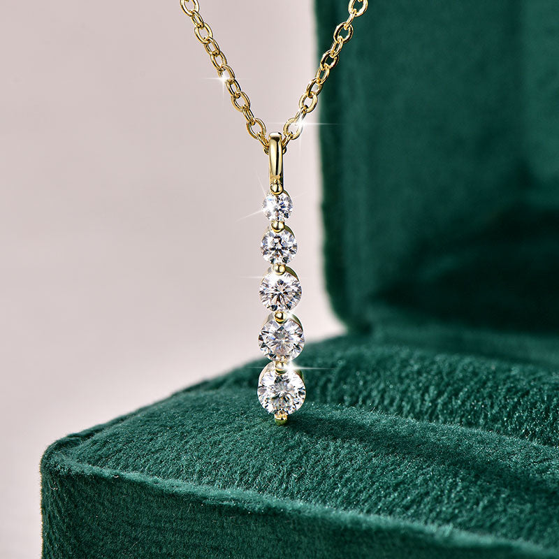 Five-Stone Moissanite Drop Necklace – Brilliant 14K Gold-Filled Long Pendant for Women, Wedding Jewelry, Romantic Gifts and Sophisticated Evening Styling