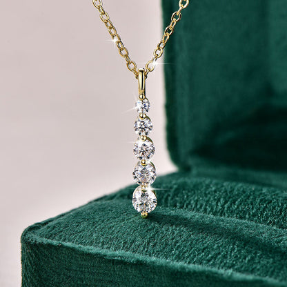 Five-Stone Moissanite Drop Necklace – Brilliant 14K Gold-Filled Long Pendant for Women, Wedding Jewelry, Romantic Gifts and Sophisticated Evening Styling
