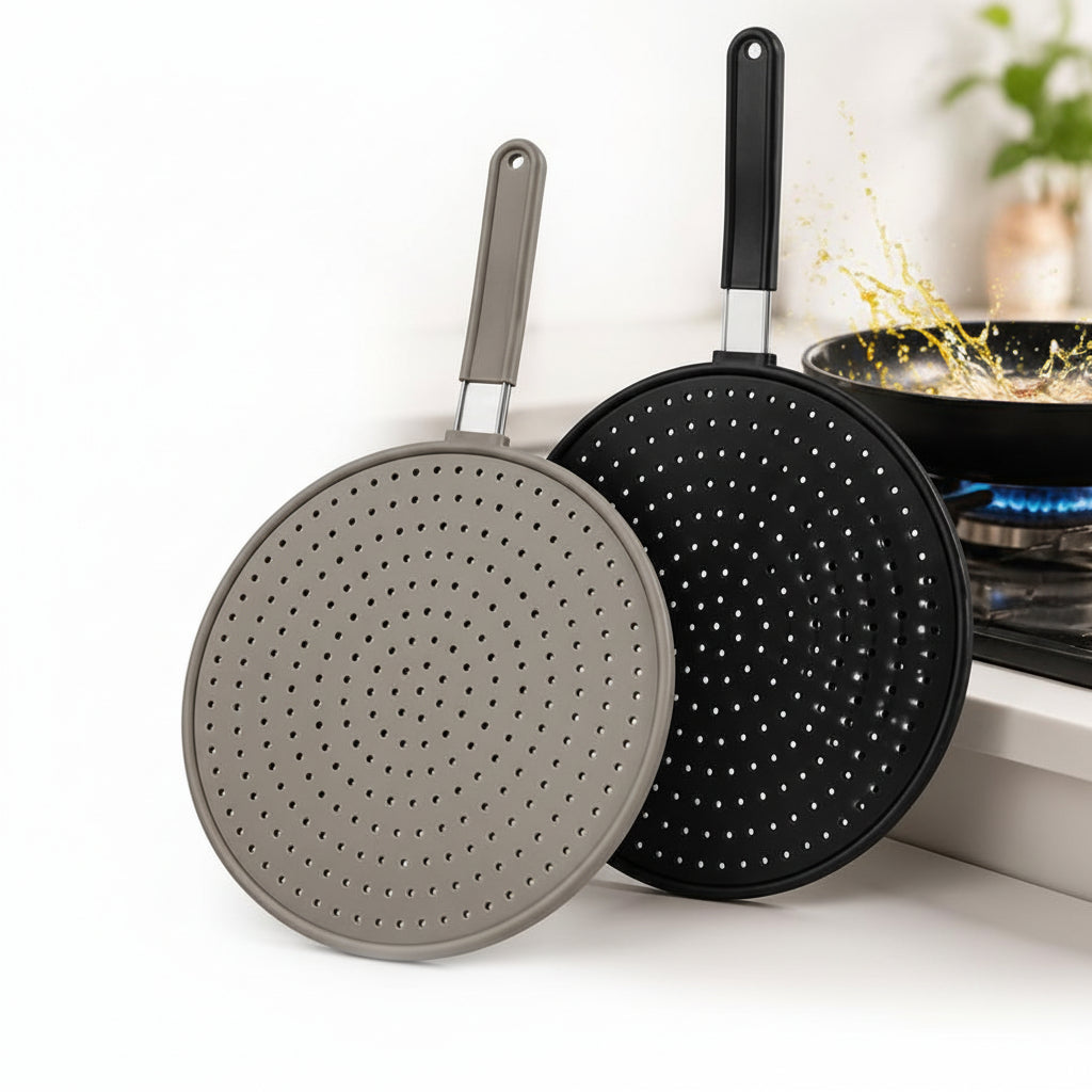 Silicone Kitchen Splatter Screen – Heat-Resistant Oil Splash Guard with Handle and Drain Board Function for Safer, Cleaner Frying and Cooking