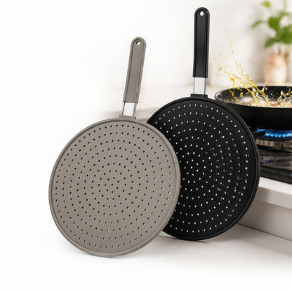 Silicone Kitchen Splatter Screen – Heat-Resistant Oil Splash Guard with Handle and Drain Board Function for Safer, Cleaner Frying and Cooking