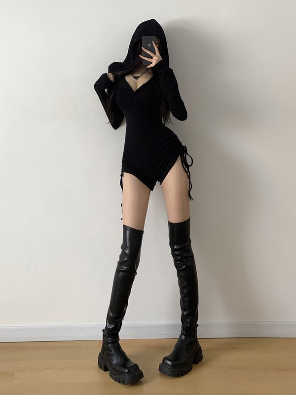 Vintage Y2k Hooded Slim Jumpsuit – 90s Korea Aesthetic Long Sleeve Bodycon Romper for Streetwear Punk Fashion and Trendy Casual Winter Outfits