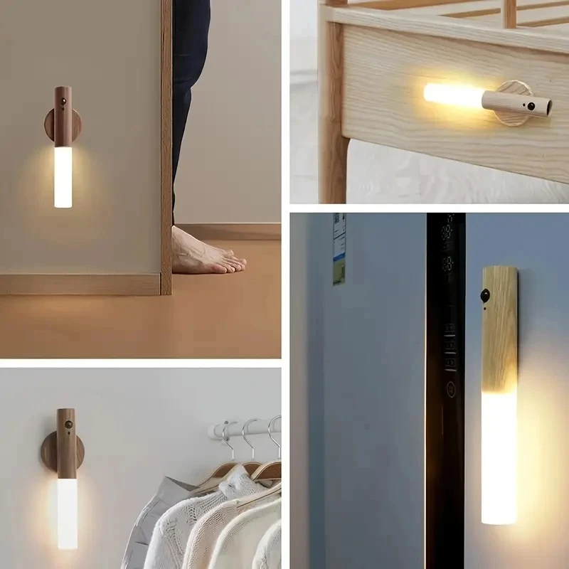 Rechargeable Wooden Motion Sensor Wall Light – Wireless USB LED Night Lamp for Hallways, Bedrooms, Stairs and Convenient Hands-Free Illumination