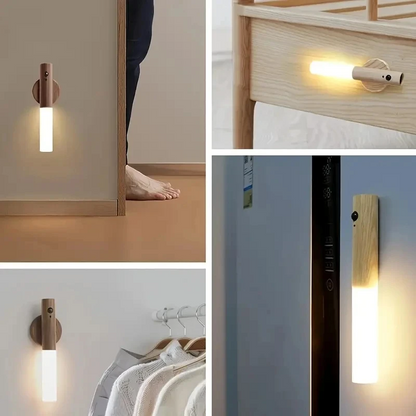 Rechargeable Wooden Motion Sensor Wall Light – Wireless USB LED Night Lamp for Hallways, Bedrooms, Stairs and Convenient Hands-Free Illumination