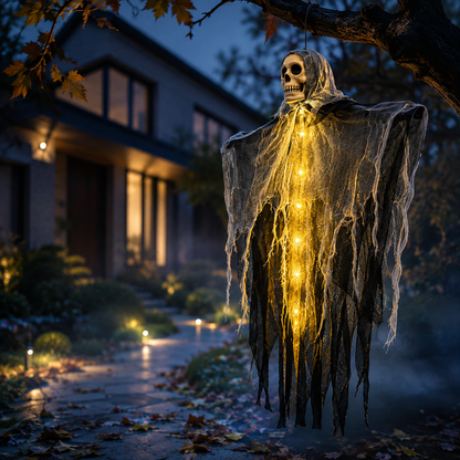Lighted Hanging Ghost Decoration – Halloween Skull Skeleton Gauze Ornament for Gardens, Homes and Outdoor Party Scenes with Spooky Built-In Illumination