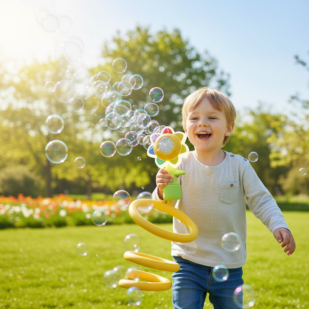 Electric Sunflower Bubble Machine - Automatic Bubble Maker Toy with Lights and Dancing Motion for Kids Outdoor Party Fun