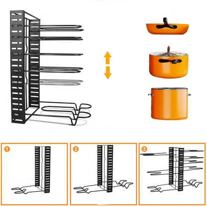 Space Saving Pot Rack Organizer - 8-Tier Metal Kitchen Storage Holder for Pots Pans Lids, Durable Home Organization Solution
