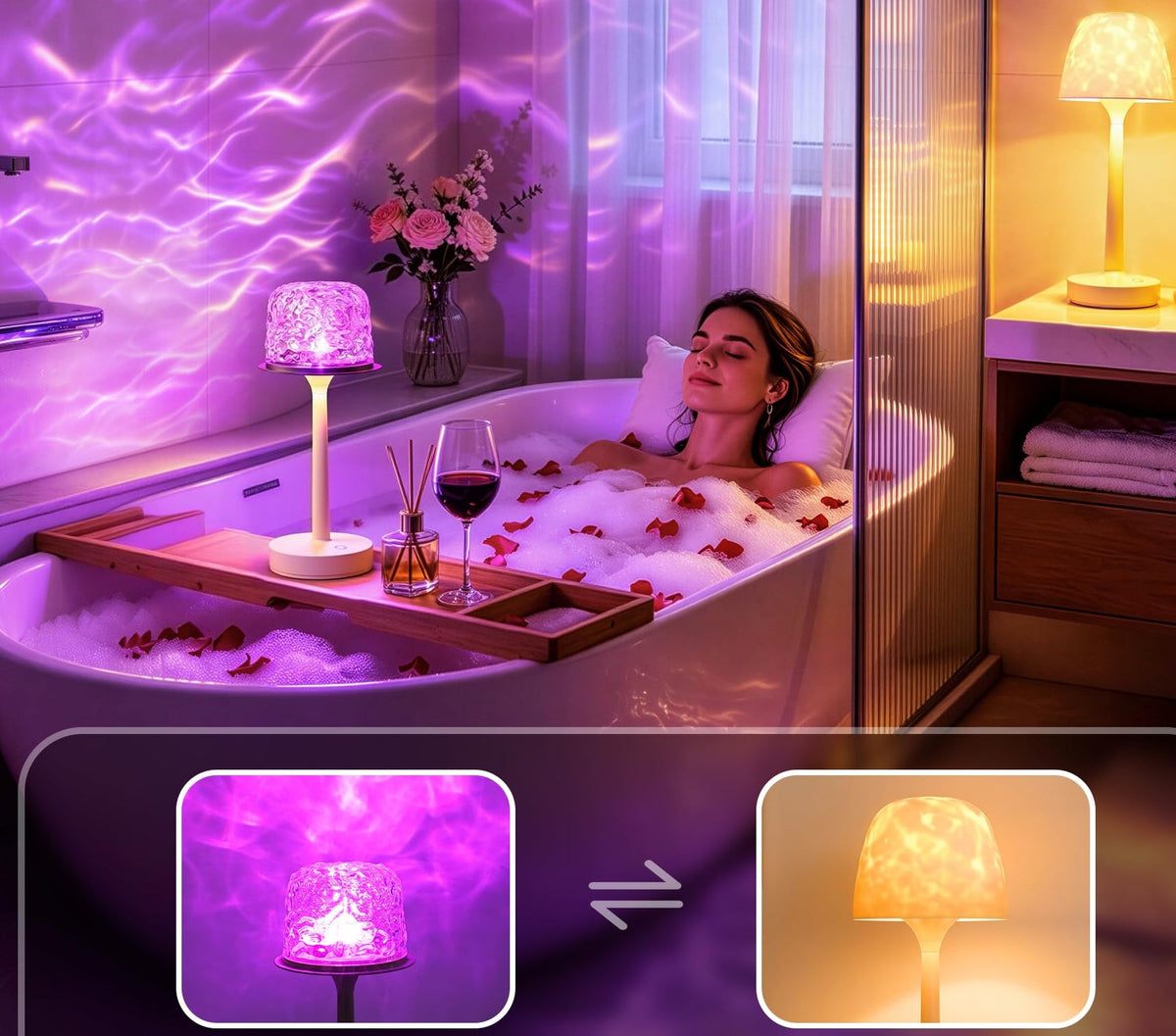 Rechargeable Waterproof Shower Light – Ocean Wave Bathroom Projector with 16 Colors for Relaxing Baths, Showers and Spa-Like Ambient Lighting