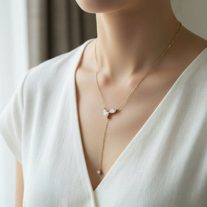 Certified Marquise Moissanite Lariat Necklace – S925 Silver 4cttw Lab Diamond-Look Y-Style Tassel Pendant for Women, Weddings, Parties and Elegant Gifts