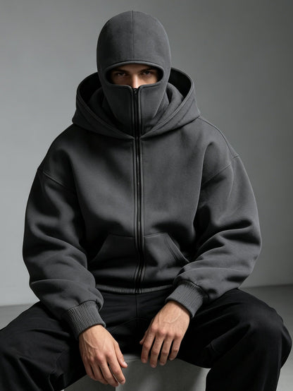 Unisex Windproof Double Hood Sweatshirt – Full Zip Loose Streetwear Coat for Autumn Winter, Casual Layering and Cold Weather Protection