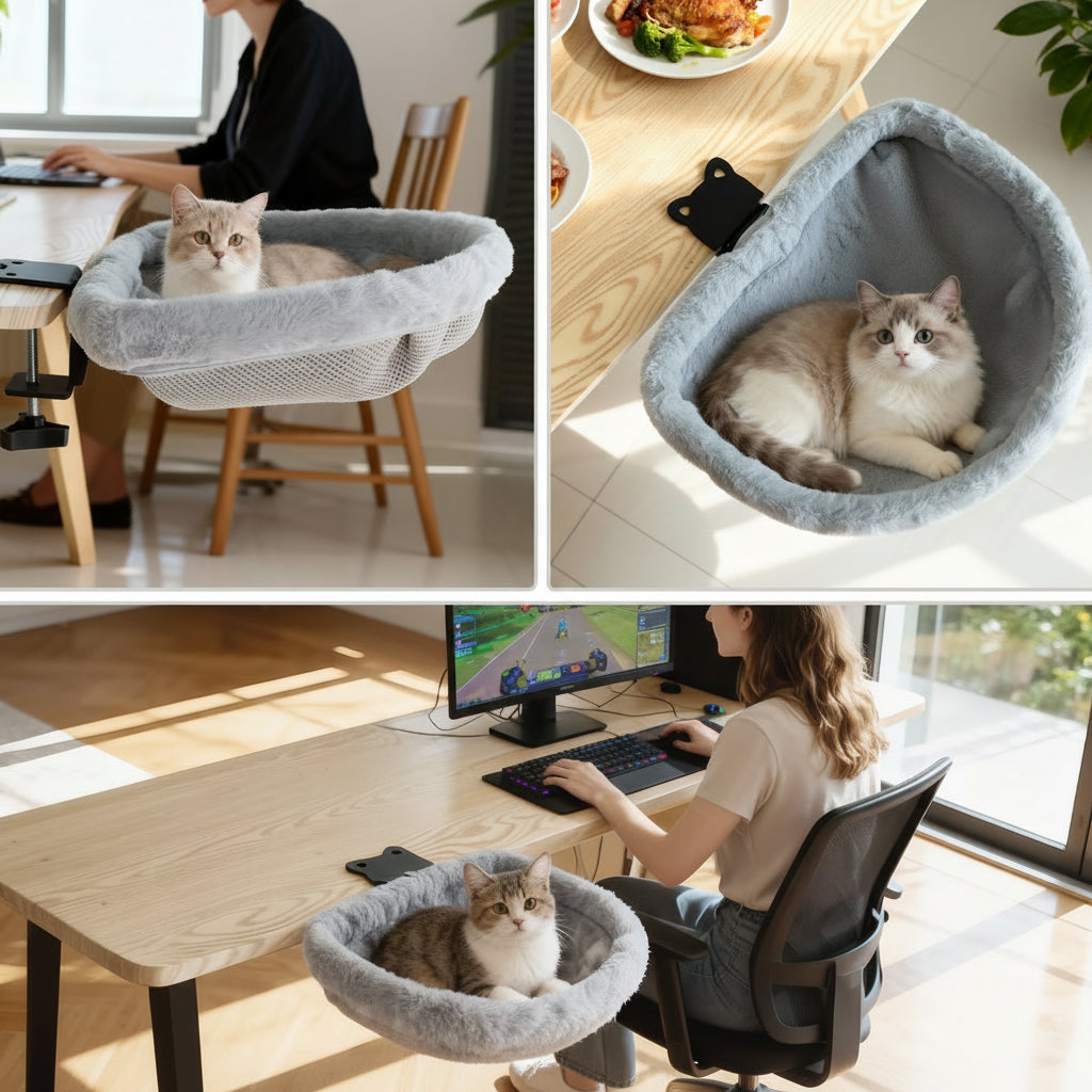 Space-Saving Cat Desk Bed – One-Click Folding Semi-Circular Hammock Perch with Sunken Design for Comfortable Home and Office Lounging