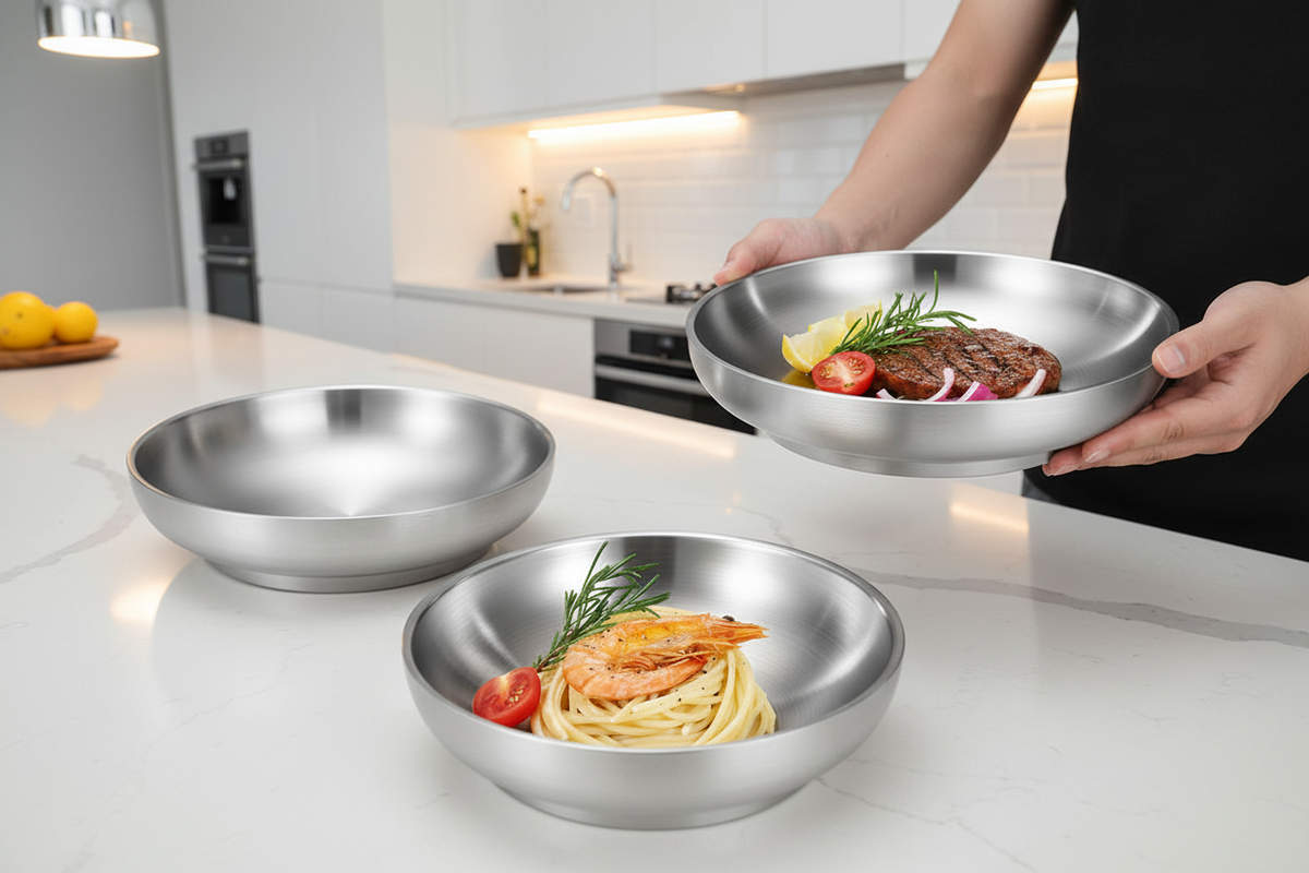 Stainless Steel Banquet Plate – Ultra-Thick Heat-Insulated, Fall-Resistant Dinner Dish with LFGB Certification for Kids, Families, Camping and Everyday Meals