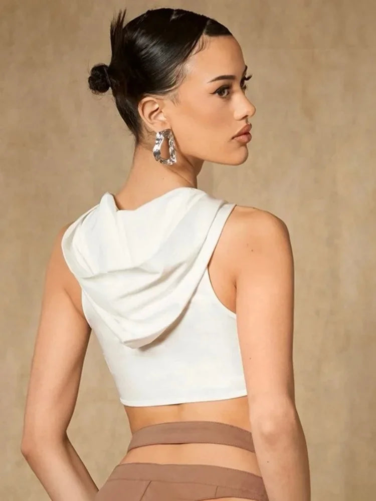 Y2K Hooded Crop Top – White Hollow Out Sleeveless Tank with Ring Details for Women, Sexy Summer Streetwear, Festival and Casual Outfits