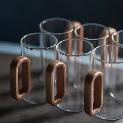 Heat-Resistant Glass Mug Set – Transparent Teacups with Wooden Handles for Coffee, Milk, Juice, Breakfast, Home Entertaining and Elegant Party Drinkware