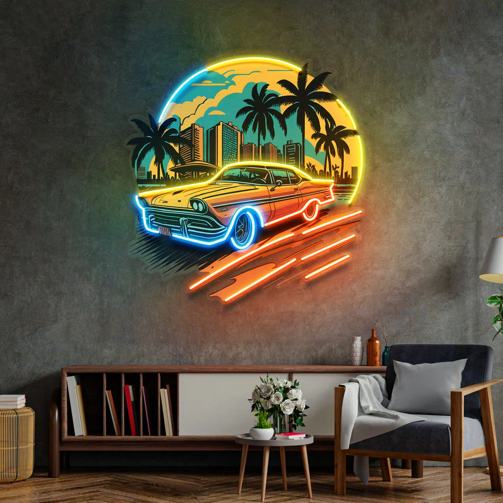 Car Sunset Neon Sign – UV-Printed LED Wall Art for Boys Bedrooms, Game Rooms, Bars and Man Caves with Scenic Night Glow