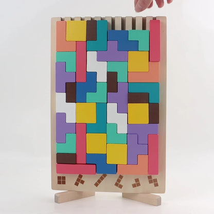Wooden Russian Block Puzzle - Montessori Brain Teaser Tangram Toy for Logic Development and Educational Play