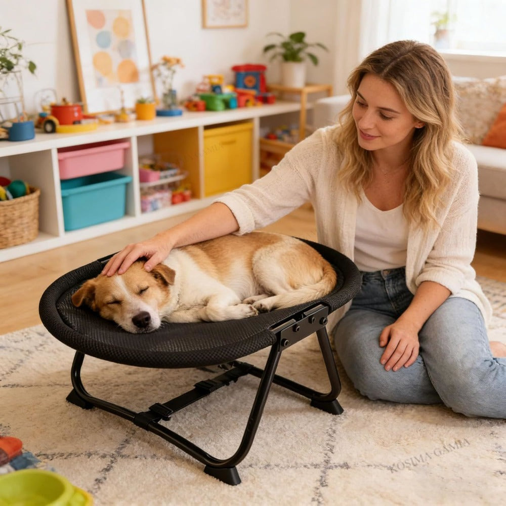 Foldable Elevated Pet Bed – Portable Breathable Mesh Cat and Dog Chair with Soft Flannel Cushion for Garden Outdoor and Travel