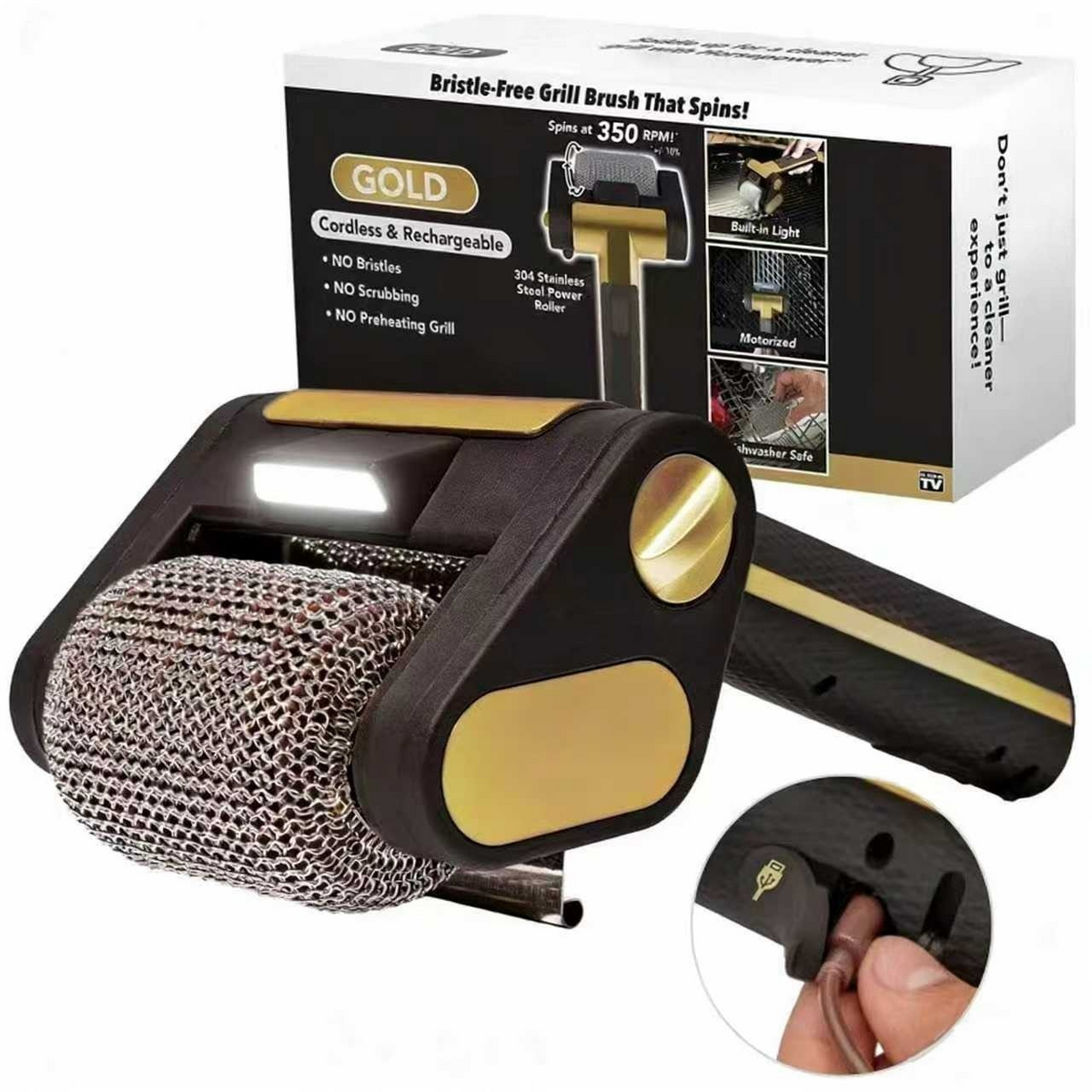 Rechargeable Electric Grill Brush – LED-Lighted BBQ Cleaner with 304 Stainless Steel Replaceable Heads for Fast, Powerful Barbecue Grate Cleaning