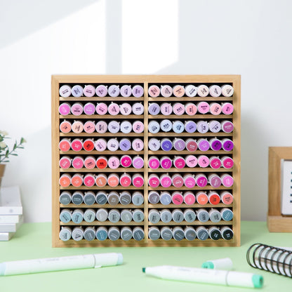 Bamboo Marker Organizer – Wooden Desktop Storage Holder for 126 Markers, Pens, Pencils and Art Brushes, Space-Saving Stationery Organizer