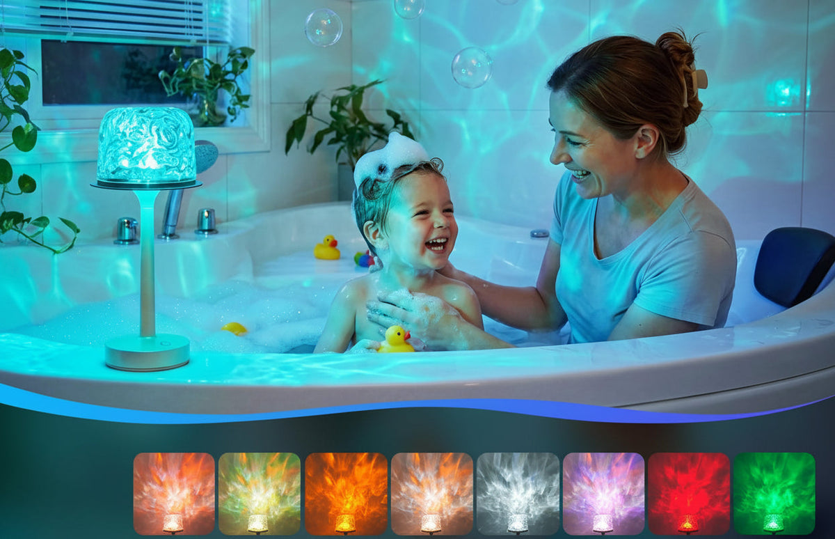 Rechargeable Waterproof Shower Light – Ocean Wave Bathroom Projector with 16 Colors for Relaxing Baths, Showers and Spa-Like Ambient Lighting