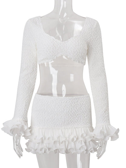 Ruffle Two-Piece Skirt Set – Sexy Low-Neck White Long-Sleeve Top and Mini Skirt for Slim Summer Party and Elegant Fashion Looks